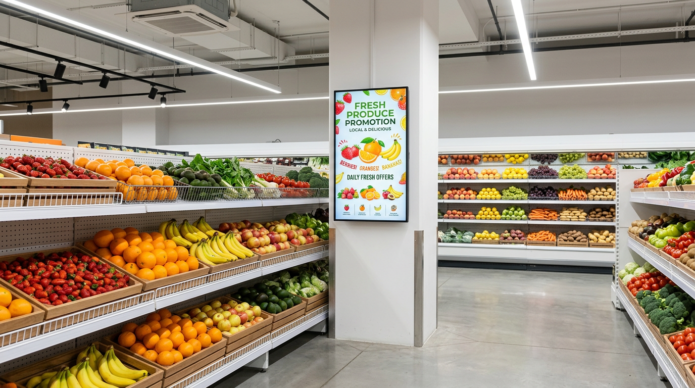 Tela digital indoor em supermercado
