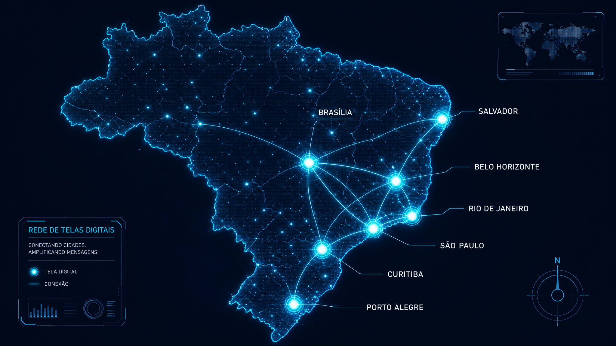 Mapa do Brasil com rede WideAds de telas digitais